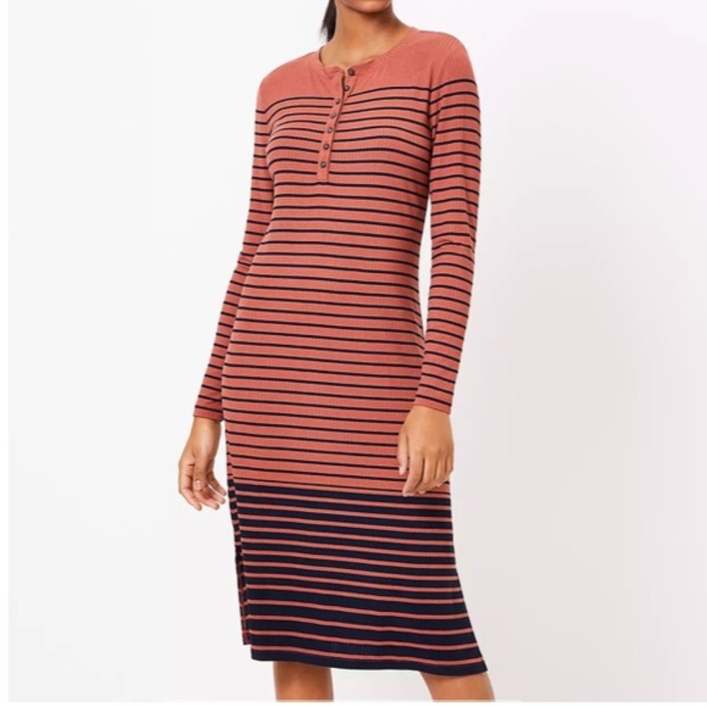 LOFT Striped Henley Long Sleeve Midi Dress Fall Winter Cozy Style S
